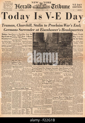 1945 New York Herald Tribune Titelseite Berichtstag VE Stockfoto