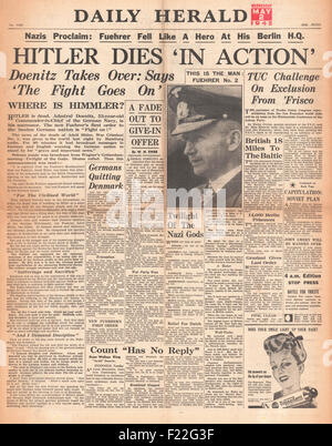 1945 daily Herald Titelseite Berichterstattung Death of Adolf Hitler Stockfoto