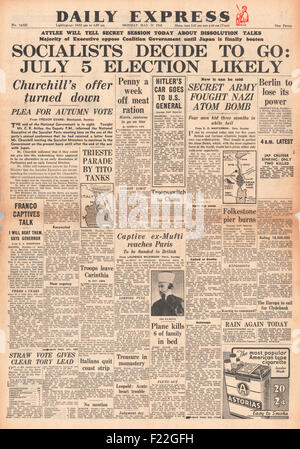 1945 daily Express Front Seite Berichterstattung allgemeine Wahlen angekündigt Stockfoto
