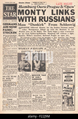 1945 die Sterne (London) Front Seite Berichterstattung britische Armee Link Up mit Russen und Übergabe von Hamburg Stockfoto