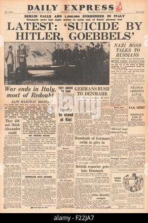 1945 daily Express Front Seite Berichterstattung Bestätigung von Hitler und Goebbels Selbstmord Stockfoto
