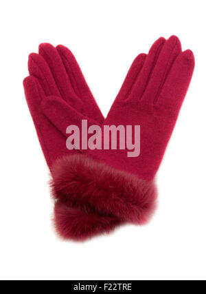 Crimson warme Damen Handschuhe mit Fell. Isolieren Sie auf weiß. Stockfoto