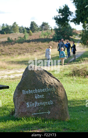 steinerne Wegweiser, Lueneburg Heath in der Nähe von Wilsede, Niedersachsen, Deutschland Stockfoto