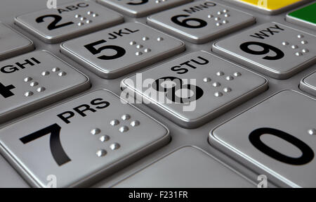 Detailansicht einer generischen atm-Tastatur-Tasten mit Zahlen und Braille-Schrift Stockfoto