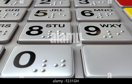 Detailansicht einer generischen atm-Tastatur-Tasten mit Zahlen und Braille-Schrift Stockfoto