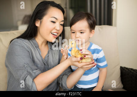 Lächelnde Frau hält eine gelbe Entlein in ihren Händen, ihrem kleinen Sohn beobachten. Stockfoto