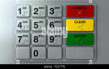 Detailansicht einer generischen atm-Tastatur-Tasten mit Zahlen und Braille-Schrift Stockfoto