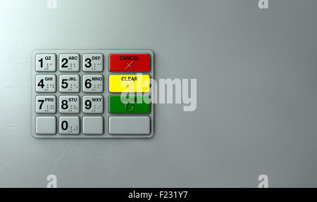 Detailansicht einer generischen atm-Tastatur-Tasten mit Zahlen und Braille-Schrift Stockfoto