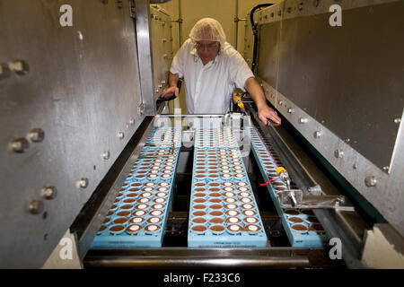 Ein Arbeiter inspiziert eiförmigen Formen auf der Fertigungslinie Cadbury Creme Eier in Bournville. Stockfoto