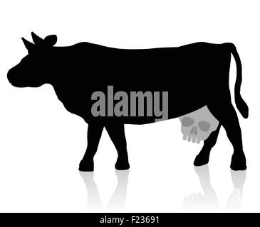 Kuh mit einem Totenkopf statt einer Euter - ein Symbol für ungesunde Milch und Milchprodukte. Stockfoto
