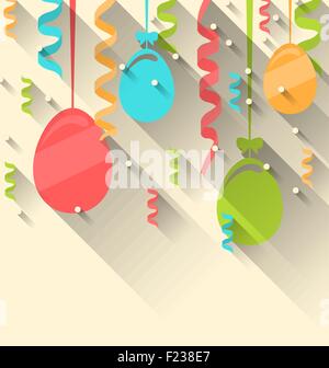 Ostern-Hintergrund mit bunten Eiern und Serpentin, trendige Wohnung Stock Vektor