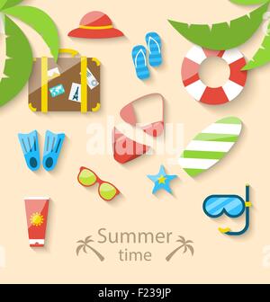Sommerferienzeit mit flachen Set bunte einfache Symbole Stock Vektor