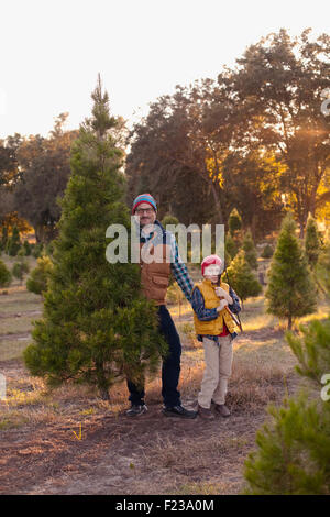 Vater und Sohn stehen mit einem Weihnachtsbaum haben sie nur an eine Baumschule geschnitten. Stockfoto