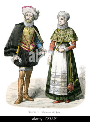 Vintage Gravur eines Adligen und seiner Frau aus dem 17. Jahrhundert Dänemark Stockfoto