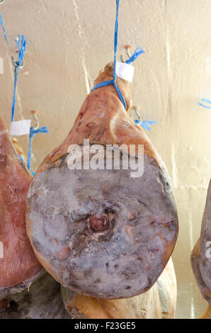 Gesamte Bayonne-Schinken Jamon in einem Raum an der Decke hängend trocknen Stockfoto