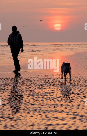 Silhouette der Frau und Hund am Strand bei Ebbe, Brighton und Hove, England Stockfoto