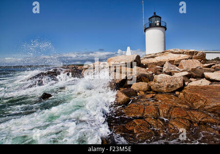 Wellen an der felsigen Küste mit Goat Island Lighthouse und Glockenturm im Hintergrund Stockfoto