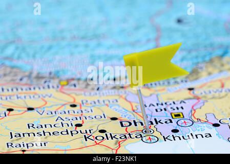 Kolkata, fixiert auf einer Karte von Asien Stockfoto
