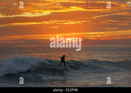 San Diego, CA, USA. 10. Sep, 2015. 10. September 2015 - San Diego, Kalifornien, USA - A Surfer reitet eine Welle am Windansea Strand in der Gemeinde von La Jolla. Warmen Ozean Temperaturen schaffen ein starkes El Niño-Ereignis. Bildnachweis: KC Alfred/ZUMA Draht/Alamy Live-Nachrichten Stockfoto