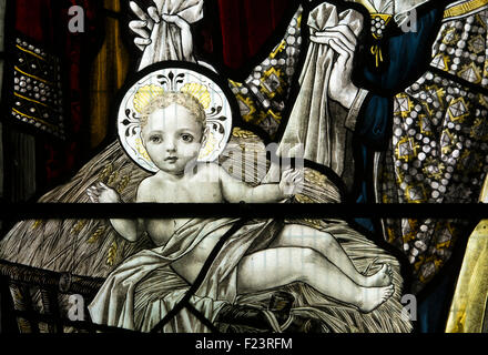 Kind Jesus, Geburt Glasmalerei Detail, St.-Andreas Kirche, Chedworth, Gloucestershire, England, UK Stockfoto