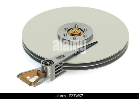 Hard Disk Drive (HDD) Ansicht innen isoliert auf weißem Hintergrund Stockfoto