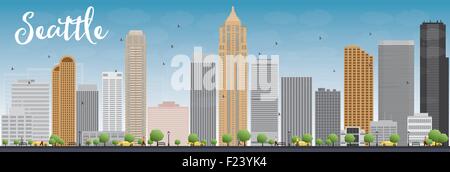 Seattle Stadt Skyline mit grauen Gebäuden und blauer Himmel. Vektor-Illustration Stock Vektor