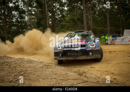 Coffs Harbour, Australien. 11. September 2015. Volkswagen Motorsport Fahrer Sebastien Ogier während besondere Etappe 8 der Rallye Australien. Ogier und Beifahrer Julien Ingrassia verwaltet zu beenden den Tag an dritter Stelle insgesamt in der Zeit-Gesamtwertung. Bildnachweis: Russell Hunter/Alamy Live-Nachrichten Stockfoto