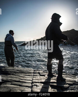 Zwei Fischer von den Felsen in Porth Mear an der North Cornish Küste angeln. Stockfoto