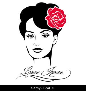 Emblem der elegante Frau mit rose Blume im Haar. Isoliert auf weißem Hintergrund. Kostenlose Schriftart verwendet. Stock Vektor