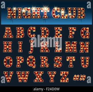 Retro-Stil Glühbirne Alphabet. Großbuchstaben auf dunklen isoliert. Stock Vektor