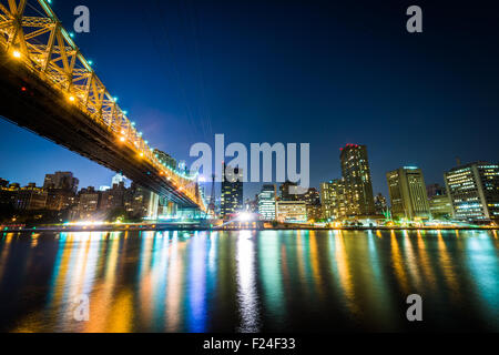 Die Queensboro Bridge und Manhattan Skyline bei Nacht, von Roosevelt Island, New York zu sehen. Stockfoto