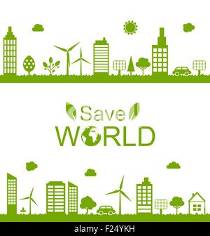 Grüne futuristische Stadt Wohnkonzept. Grünem Gehäuse mit Solaranlagen, Windparks und Bäumen. Stock Vektor