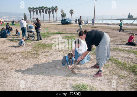 Familie pflanzt Bäume Laube am (Tu Beshvat), Israel Stockfoto