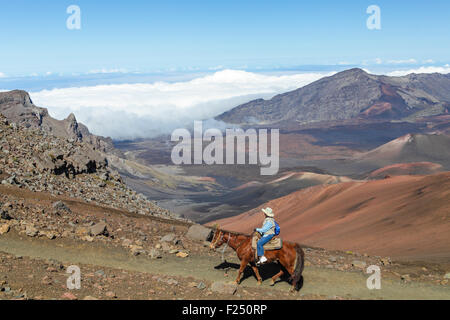 Reiterin auf geführten Tour erkundet die Sliding Sands Trail im Haleakala National Park auf Maui Stockfoto