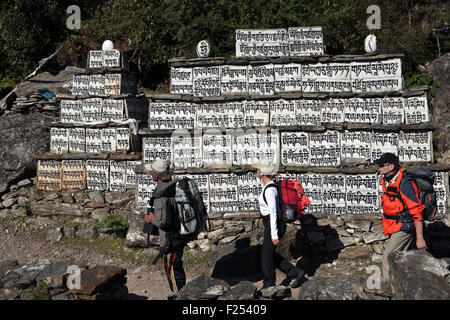 Einen lebendigen Glauben Mantras oder heilige Silben gemalt auf einem Felsbrocken in Lukla Umgebung Khumbu Region Nepal Stockfoto