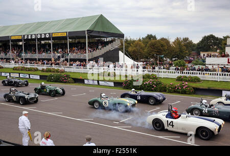 Chichester, West Sussex, UK. 11. September, 2015. Aktion in der Freddie März Memorial Trophy am Goodwood Revival, Chichester, West Sussex heute abgebildet.  Das Goodwood Revival ist eine dreitägige Autofahren Festival jedes Jahr im September im Goodwood Motor Circuit für Straßenrennen Autos und Motorrad, die in der Schaltung original Zeitraum teilgenommen haben würde – 1948 – 1966. Bildnachweis: Oliver Dixon/Alamy Live-Nachrichten Stockfoto