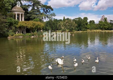 Frankreich, Paris, Bois de Vincennes, Ansicht von Daumesnil See und den romantischen Tempel auf der Insel Reuilly und im Hintergrund die großen Felsen des Zoos Stockfoto