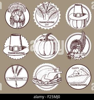 Skizzieren Sie Thanksgiving Satz von Etiketten im Vintage-Stil, Vektor. Stock Vektor