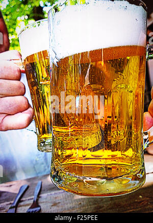 Cheers mit Bierkrügen, ausgezeichnete Bier in einem der vielen Biergärten in München, Deutschland Stockfoto