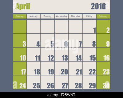Blaugrün gefärbt 2016 Kalenderdesign für Monat april Stockfoto