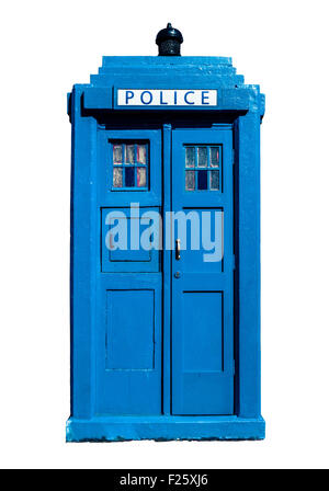Isolierung einer traditionellen blauen britischen Polizei-Box Stockfoto