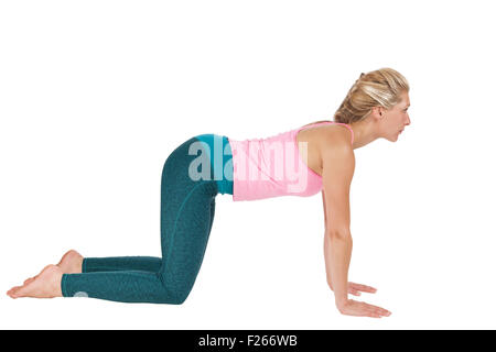 Yoga-Bild-Serie: Ganzkörper Seitenansicht einer blonden Frau in Yoga Position Katze Vierbeiner (Majariasana); Freue mich auf Stockfoto