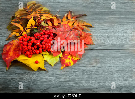 Über hölzerne Hintergrund mit textfreiraum Blätter im Herbst. Blätter im Fokus Stockfoto