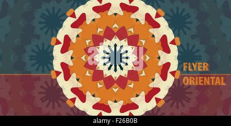 Orange Print Flayer Template-Design. Abstrakte Retro verzierten Mandala Hintergrund für Grußkarte, Broschüre, Karte oder Einladung mit islamischen, arabischen, indischen, osmanische, asiatische Motive. Flyer-Grafik-design Stock Vektor