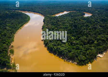 Regenwald-Antenne, Yavari Fluss und Oxbow See und primären Amazonas-Regenwald, Brasilien am linken Ufer, Peru rechts Stockfoto