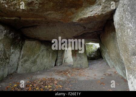 Ty Ar Boudiquet prähistorischen Dolmen gekammert Grab Cairn in Brennilis Dorf, Bretagne, Frankreich. Innen zeigen einzelne stele Stockfoto