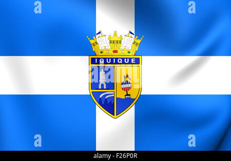 3D Flagge von Iquique Stadt (Tarapaca Region), Chile. Hautnah. Stockfoto