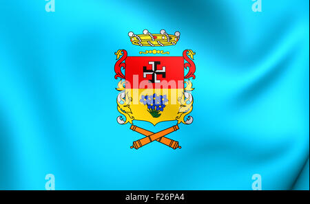 3D Flagge der Stadt Linares, Chile. Hautnah. Stockfoto