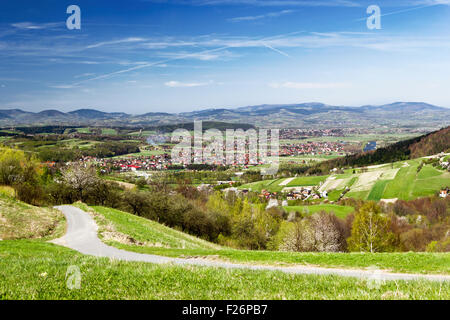 Luftaufnahme des Dorf Barcice (Stary Sacz). Beskiden Gebirge, Polen. Stockfoto