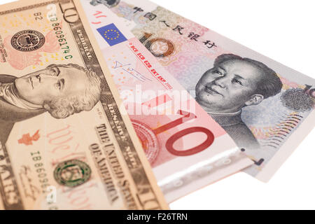 US-Dollar, Euro europäische und chinesische Yuan Rechnungen Stockfoto